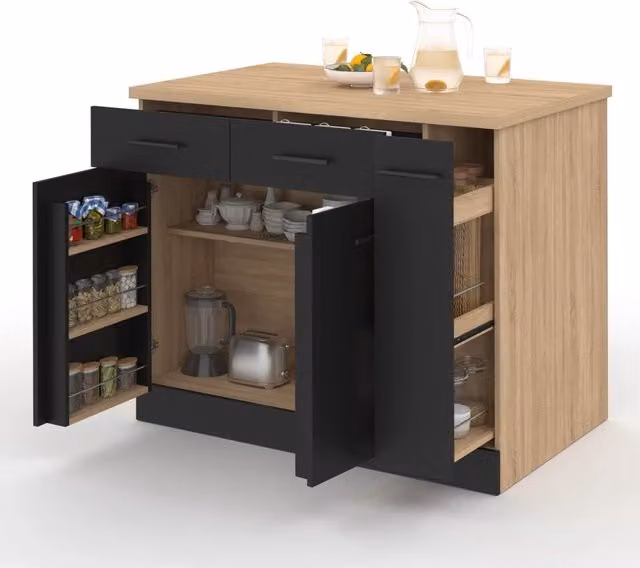 Isola centrale da cucina IDMarket con ante, cassetti e piano in faggio ed effetto nero