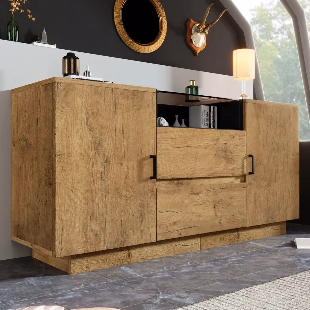 Credenza e madia moderna per soggiorno in rovere con 2 cassetti, 2 ante, vano aperto e ripiani regolabili, L/P/H: 140 x 40 x 70 cm – 2