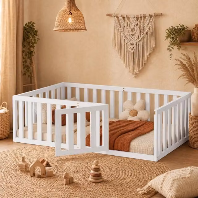 Letto singolo Mivray per bambini con recinto alto e porta apribile, colore bianco, L/P/H: 90 x 200 x 60 cm