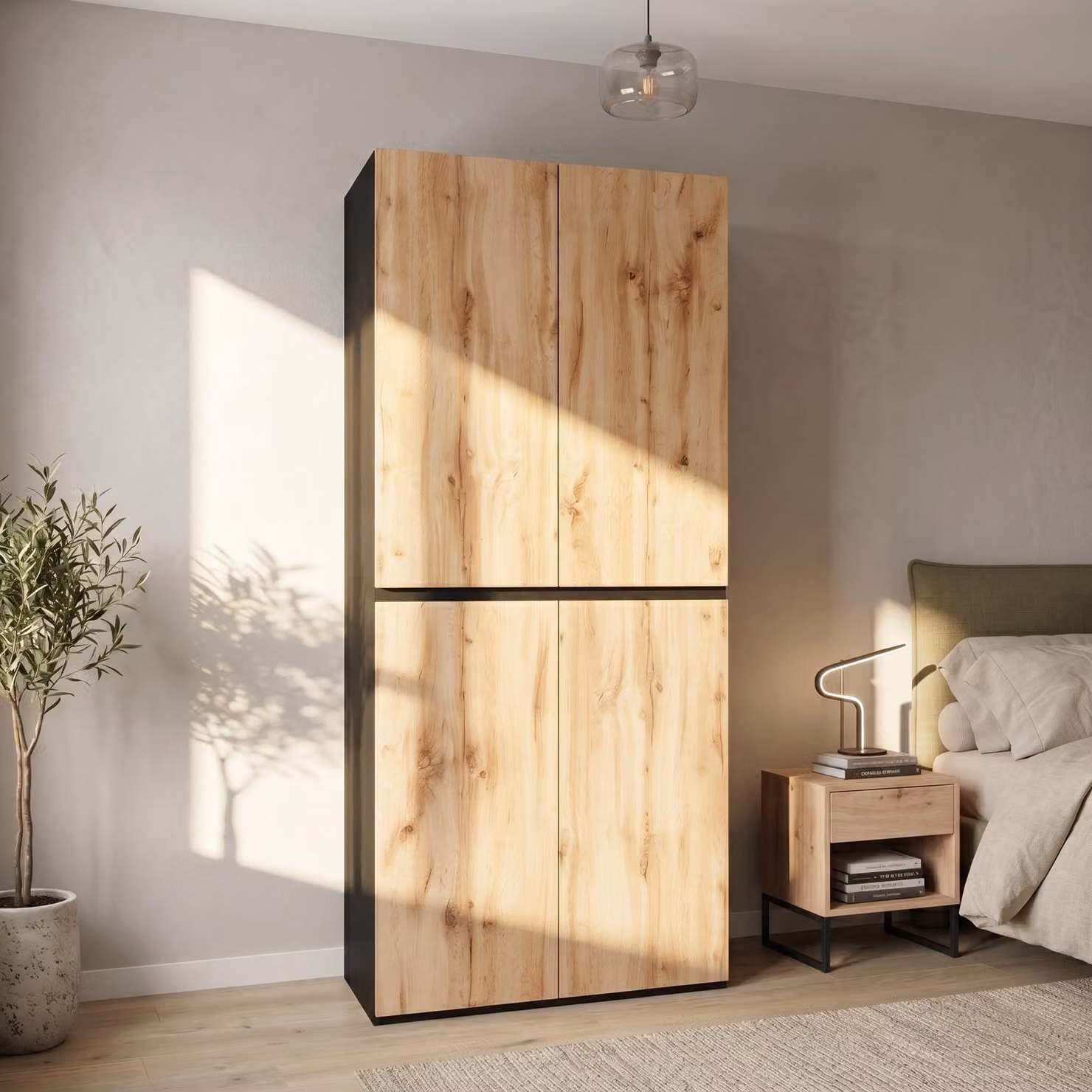 Armadio a colonna con asta appendiabiti, mobile guardaroba con ante e cassetti, mobile alto con spazio contenitivo, dimensioni 90x50x200 cm, colore naturale, legno