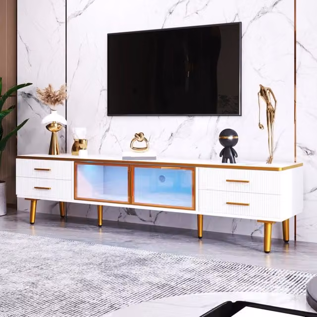 Mobile TV moderno REDOM con illuminazione LED integrata, Bianco e Oro, L: 170 cm, P: 37 cm, H: 47,5 cm