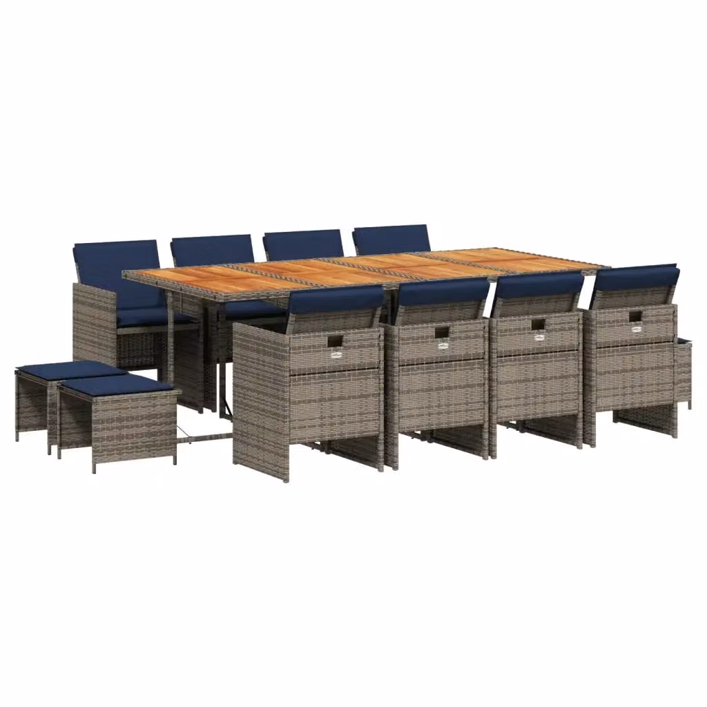 Set da pranzo da giardino vidaXL in polyrattan e legno di acacia con 13 pezzi e cuscini, L/P/H: 220 x 106 x 73 cm – 2