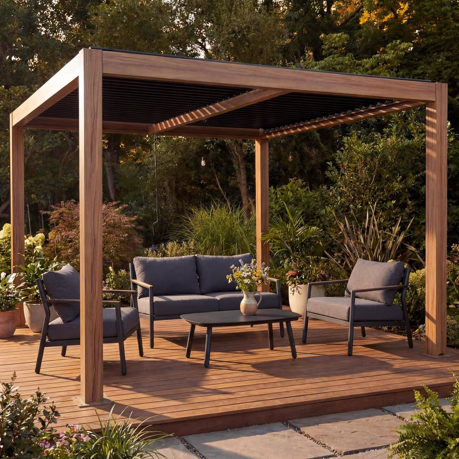 Pergola HWC-L46, gazebo da giardino Gazebo a lamelle, telaio in alluminio da 10 cm, grondaia resistente alle intemperie, 3x4 m ~ effetto legno