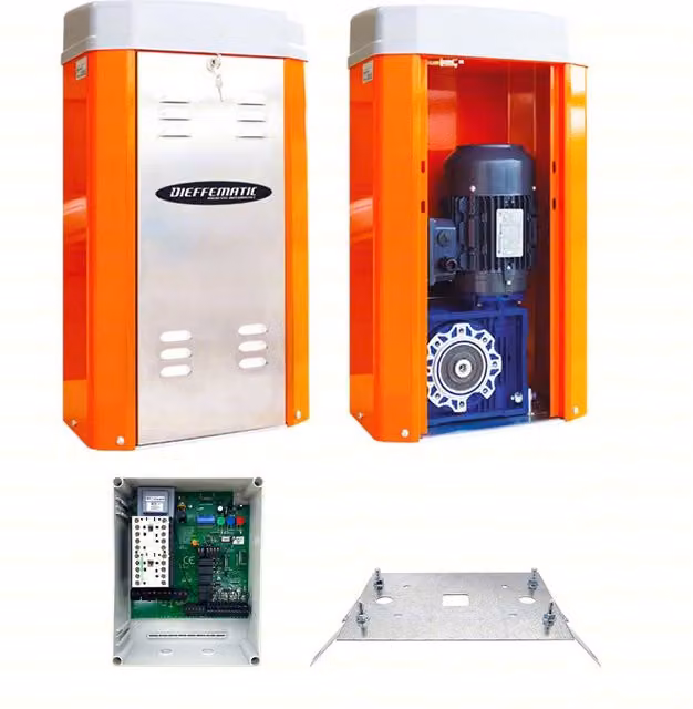 Motore per automazione cancello scorrevole Dieffematic Giga 4000kg 380V trifase con quadro e contropiastra in acciaio inox arancione