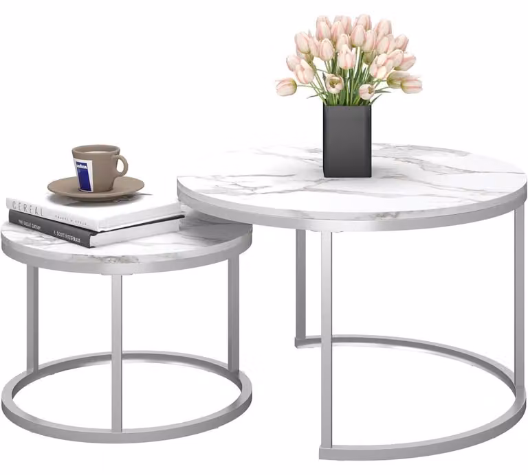 Tavolino da caffè rotondo, effetto marmo bianco e argento, set da 2 pezzi: 70x70x45 cm e 50x50x35 cm