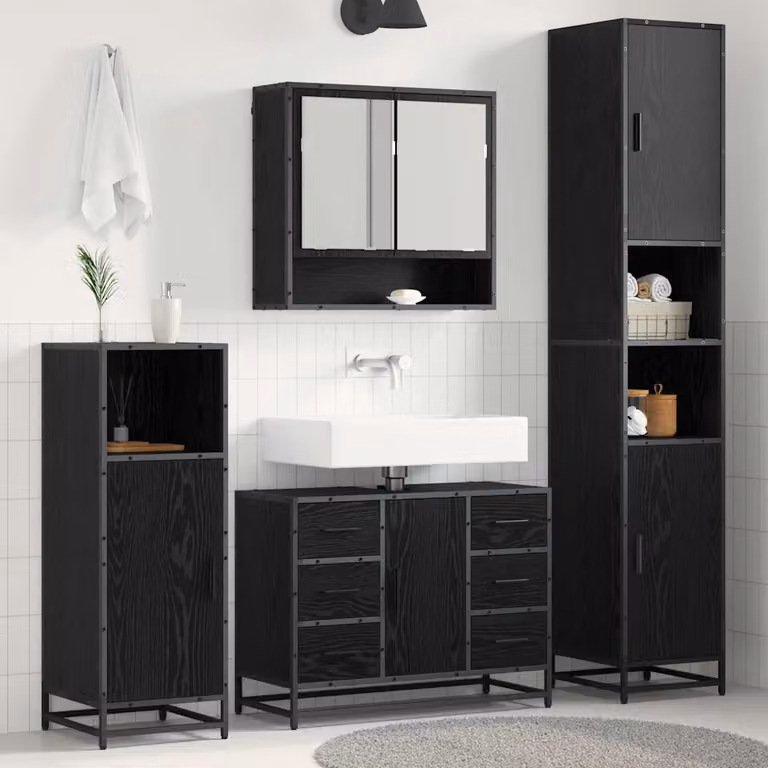 Set di mobili per il bagno vidaXL 4 pezzi in rovere e nero con armadietto a specchio, mobile lavabo, mobile laterale e colonna alta
