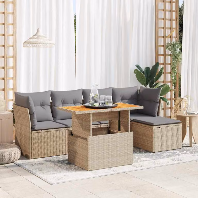 Set Divano da Giardino vidaXL 6 pz in Polyrattan con Cuscini Beige e Grigio, Design Moderno a L con Tavolino e Ottoman