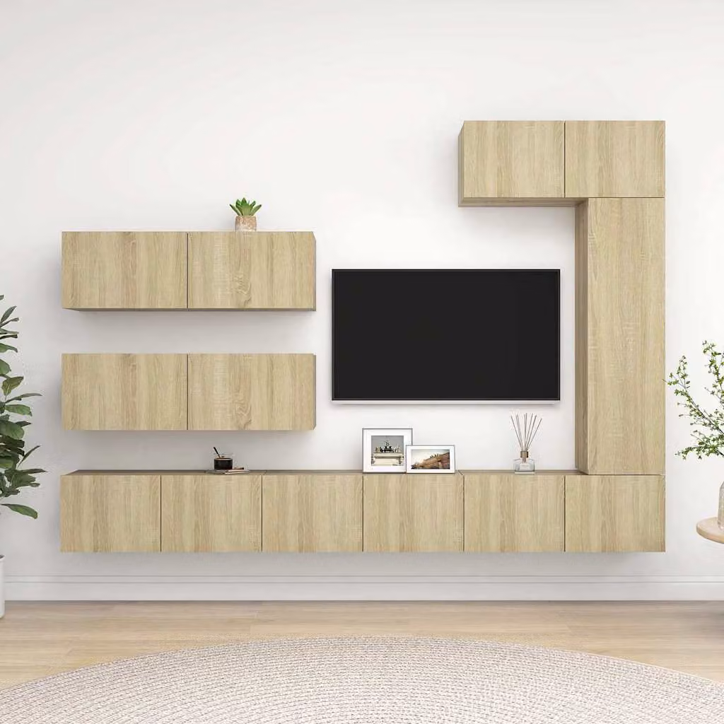 Set di mobili TV moderno vidaXL composto da 7 pezzi in legno multistrato color rovere sonoma beige e marrone per il tuo soggiorno
