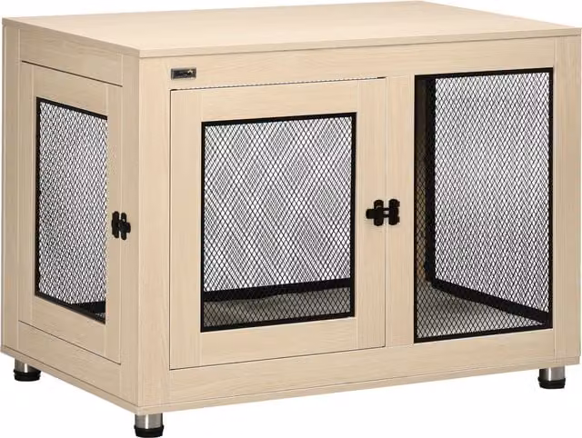 Gabbia per cani PawHut con design moderno e 2 porte bloccabili, Rovere e Nero, L: 94 cm, P: 60 cm, H: 71,5 cm – 1