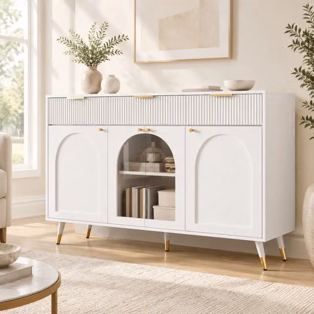 Credenza 140x40x85.5 cm con 4 ante e 3 cassetti in MDF e truciolare bianca