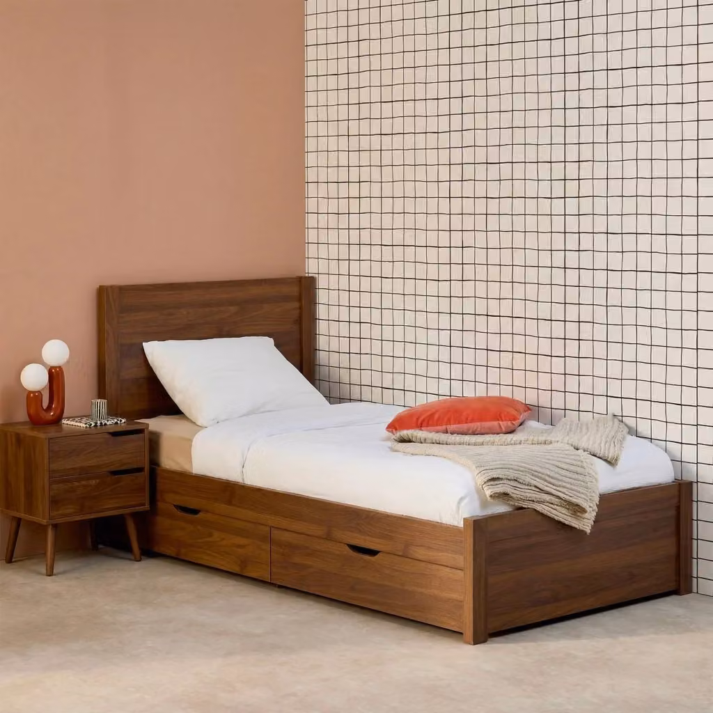 Letto Sweeek con rete a doghe, testiera e 4 cassetti, colore marrone, L/P/H: 90 x 190 x 100 cm – 2