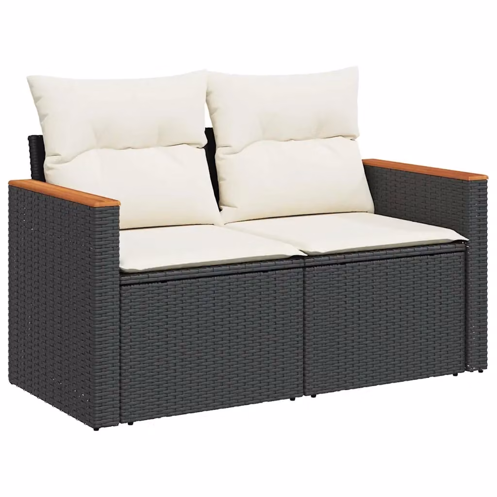Divano da giardino a 2 posti vidaXL in polyrattan nero con cuscini bianchi e struttura in legno di acacia L/P/H: 124 x 69 x 62 cm – 2