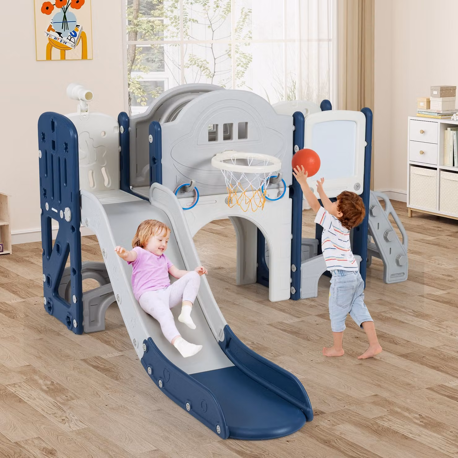 Set scivolo multifunzione 10 in 1 Costway con arrampicata, lavagna magnetica e canestro da basket, multicolore