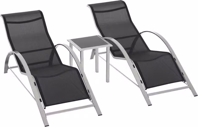 Lettino prendisole Minimal con 2 sdraio e tavolino in vetro nero e grigio L/P/H: 169 x 59 x 66 cm – 1