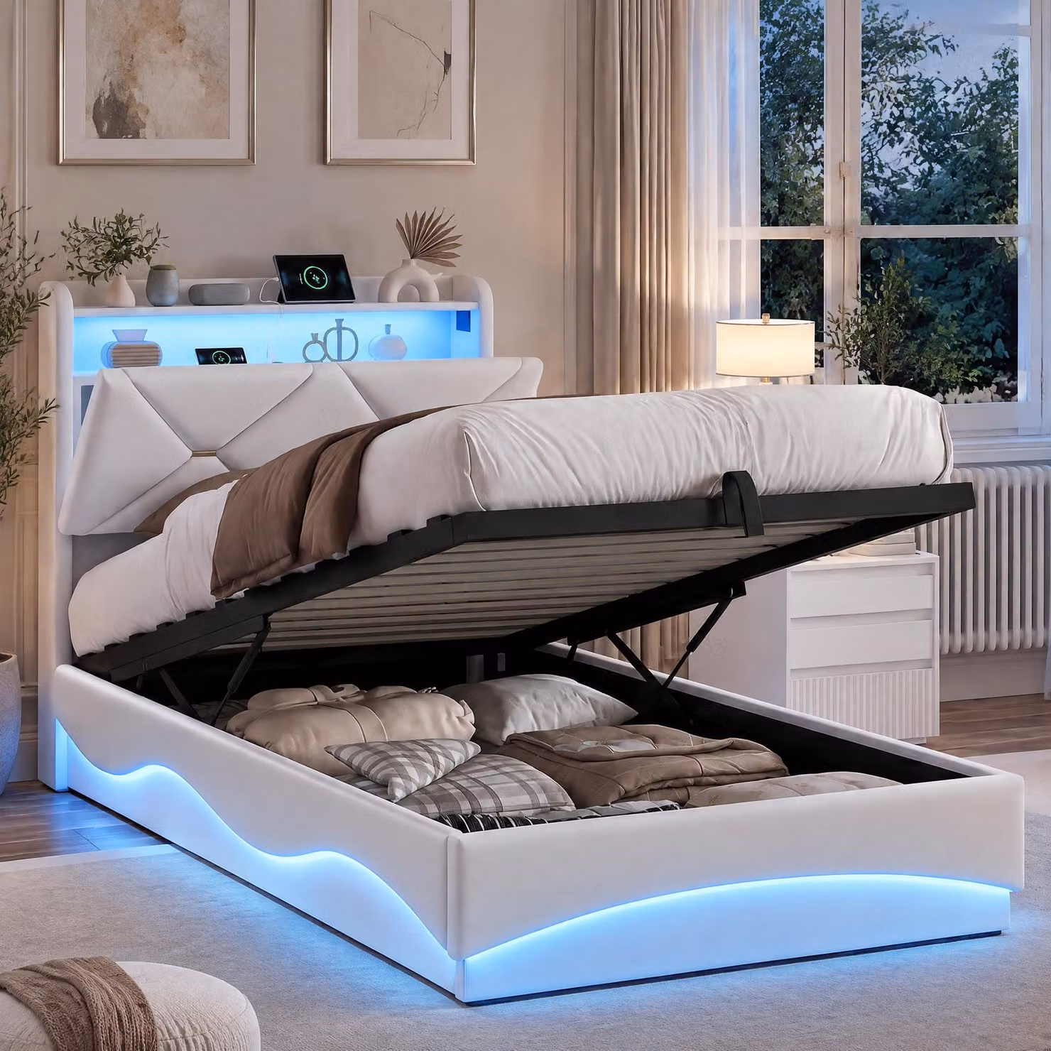 Letto imbottito INONEFT, 90x200 cm, con illuminazione LED e prese USB, contenitore con sistema idraulico, letto per ragazzi con contenitore integrato nella testiera, rivestito in velluto color beige