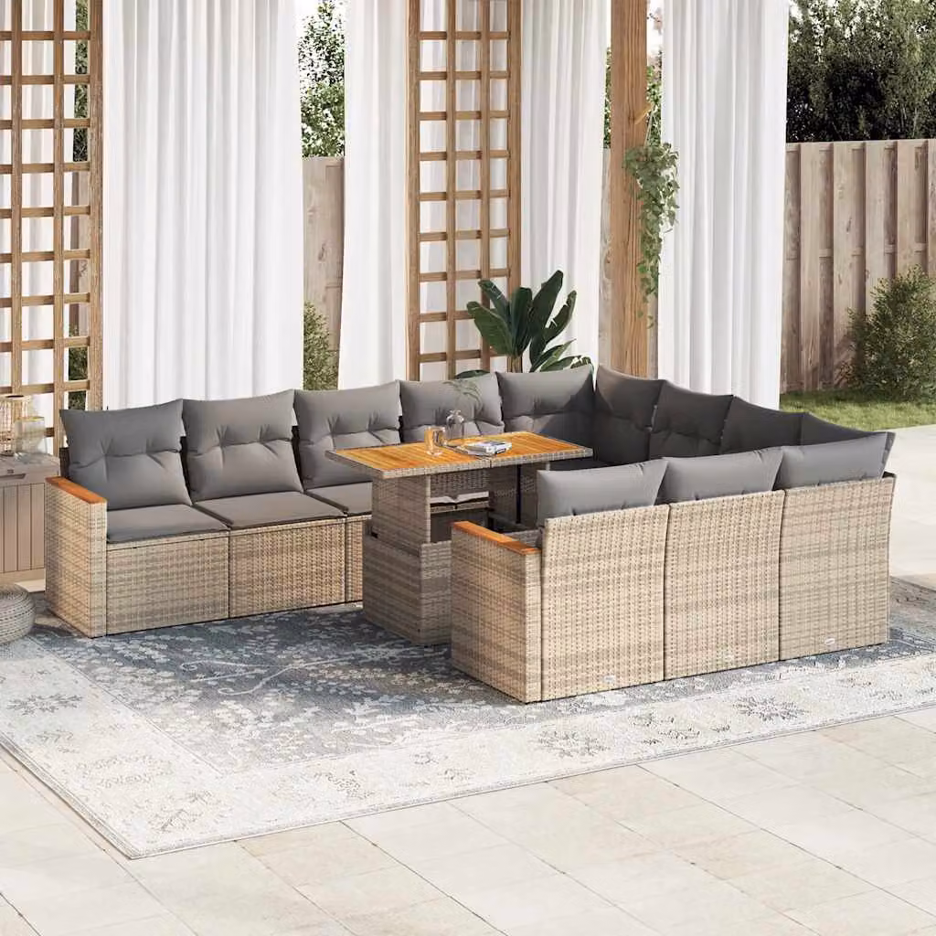 Set di Divani da Giardino vidaXL 11 Pezzi in Polyrattan e Legno di Acacia con Cuscini Beige e Tavolino da Esterno