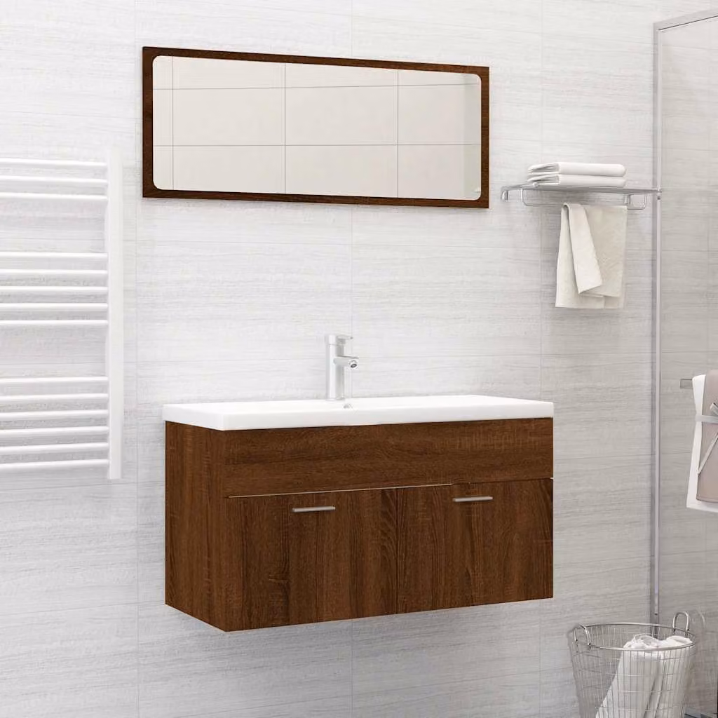 Set Mobili da Bagno vidaXL 2 Pezzi in Legno Rovere Marrone con Mobile Lavabo e Armadietto con Specchio a Parete