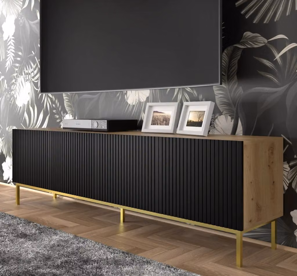 Mobile porta TV Ravenna Bim Furniture in MDF rivestito rovere nero opaco con struttura oro – 2