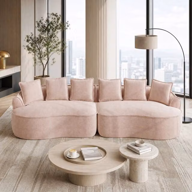 Divano modulare 320x114 cm rosa in chenille; senza montaggio