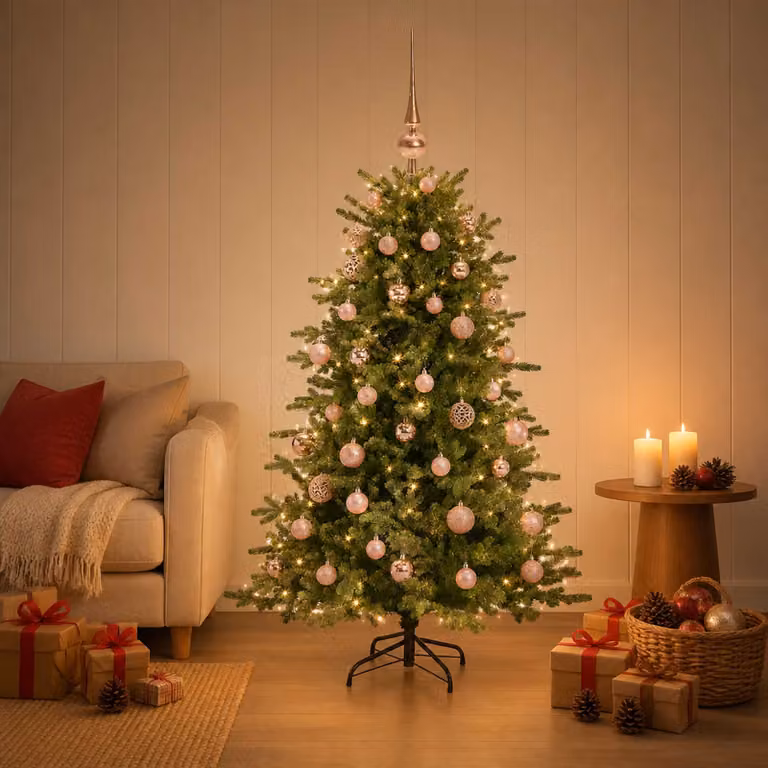 Albero di Natale artificiale verde vidaXL con 150 LED luce bianca calda e decorazioni, Altezza: 120 cm
