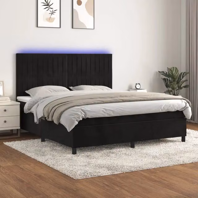 Letto matrimoniale moderno vidaXL in velluto nero con materasso ibrido, illuminazione LED sottostante e porta USB, L/P/H: 180 x 200 x 128 cm
