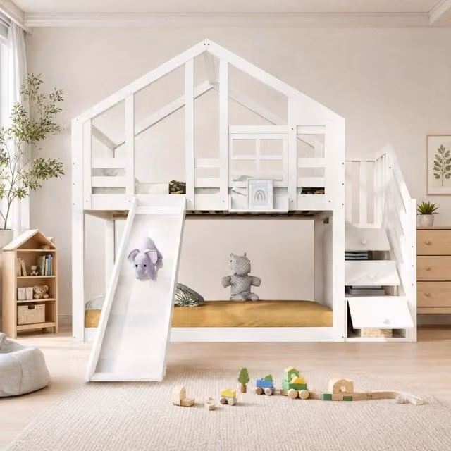 Letto a castello per bambini 90x200 cm con scivolo, scala contenitore e protezioni, bianco