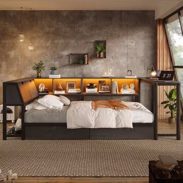 Letto singolo 90×200 cm con scrivania, 2 cassetti, LED e testiera contenitore, senza materasso, metallo, nero