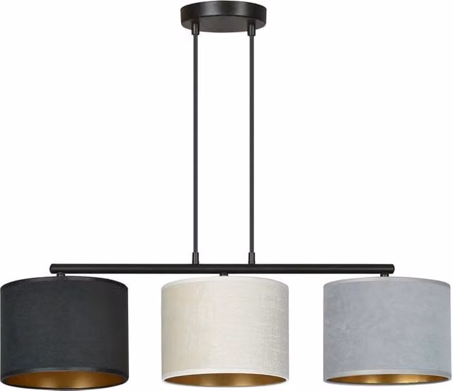 Lampadario a sospensione Vinayaka Luceart-Classic con 3 luci in acciaio nero e paralumi in tessuto multicolore beige, grigio e oro