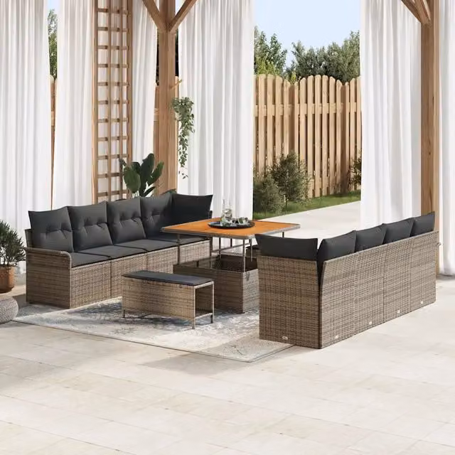 Set Divano da Giardino Moderno vidaXL Grigio con Elemento Angolare, Ottoman, Tavolino e Cuscini in Tessuto e Struttura in Acciaio Verniciato a Polvere