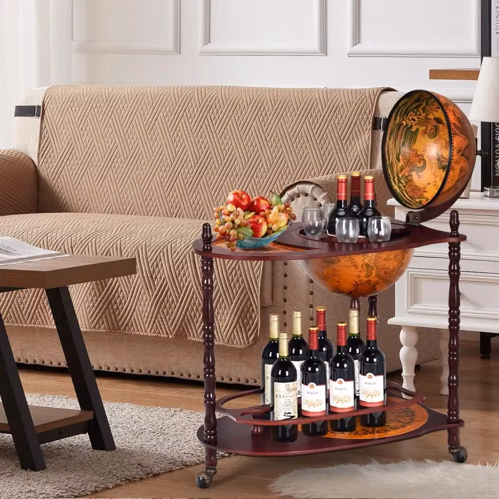 Mappamondo Bar con Ruote Mobili Costway, Minibar Porta Liquori e Portabottiglie in Legno Marrone con Finitura Lucida, L/P/H: 88 x 70 x 45 cm – 2