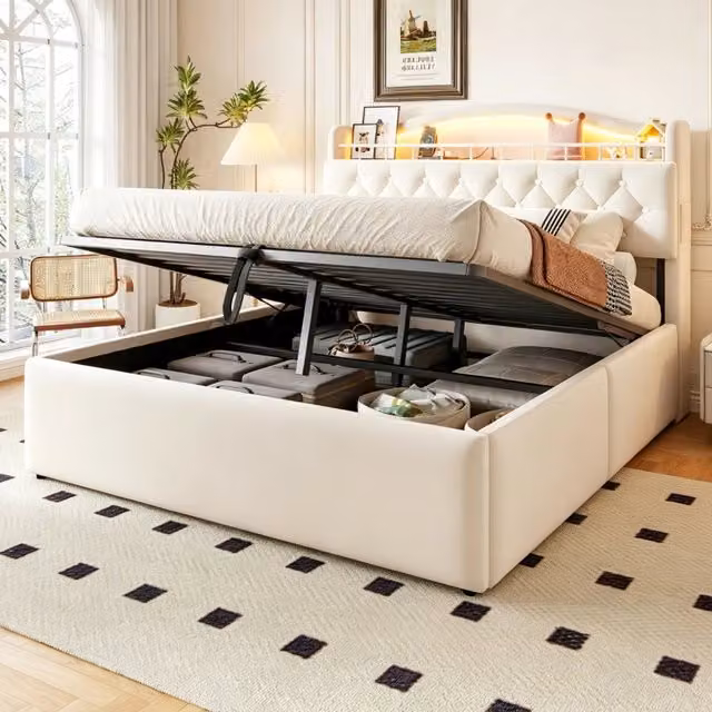 Letto imbottito 140x200 cm con contenitore idraulico; LED e USB in tessuto beige