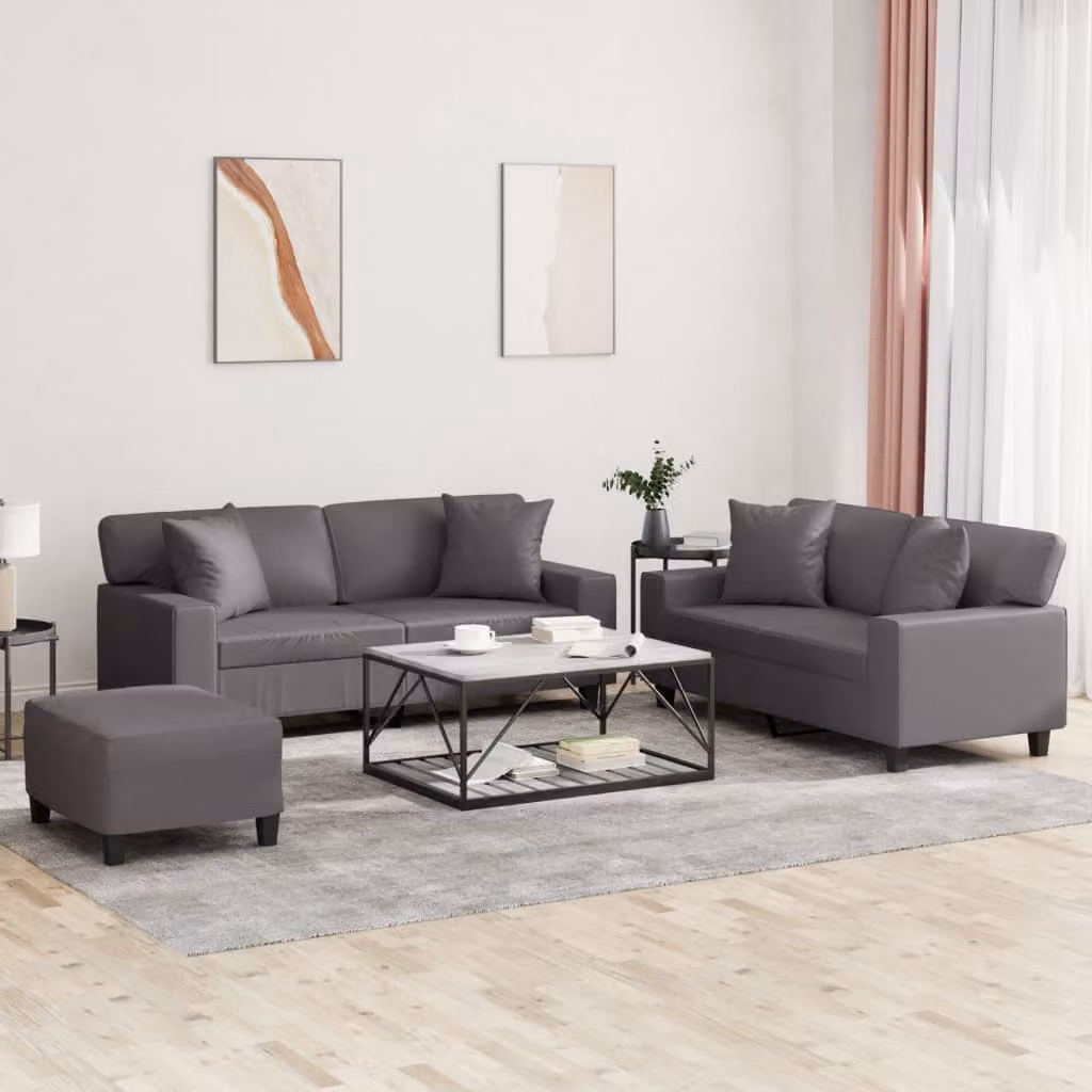 Set di divani 3 pezzi vidaXL in similpelle grigia con cuscini per il tuo soggiorno – 1