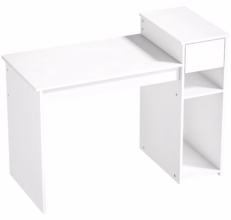 Scrivania per Studio e Scrittura 108x50x82 cm con Cassetto e Scaffali in Legno Bianco