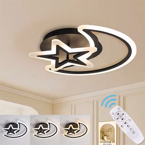 Moderna lampada da soffitto a LED da 62 W, 3000 K-6000 K, dimmerabile, con motivo luna e stelle e telecomando, ideale per la cameretta dei bambini, la camera da letto e la cucina