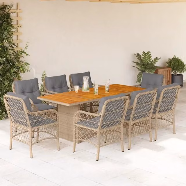 Set Pranzo da Giardino vidaXL in Polyrattan e Legno di Acacia con 9 Sedute e Cuscini Beige e Grigio