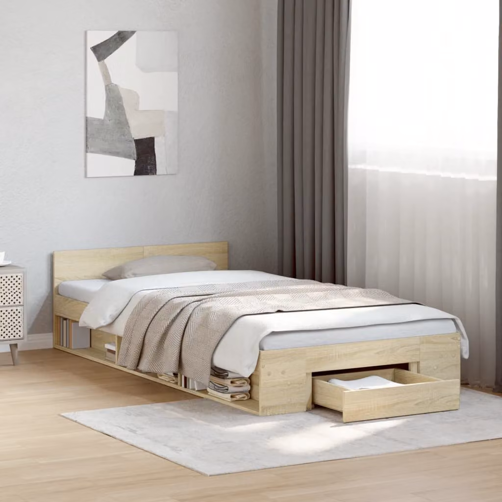 Giroletto vidaXL con cassetti in legno multistrato color rovere, dimensioni 90x200 cm – 1