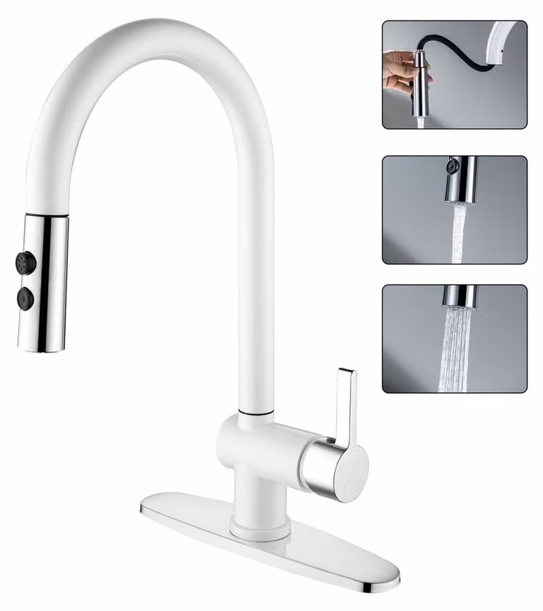Miscelatore da cucina con doccetta estraibile, collo alto, rotazione a 360°, finitura bianco opaco/cromato, monocomando