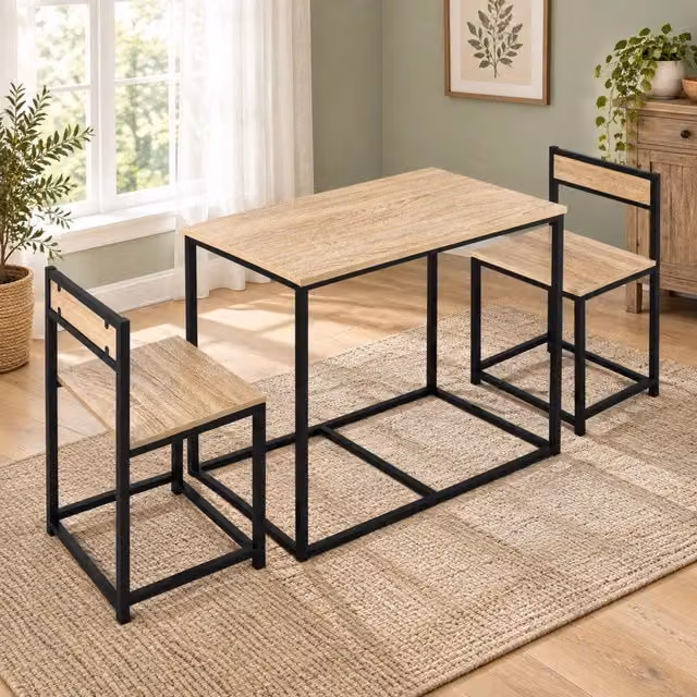 Set tavolo da pranzo con 2 sedie salvaspazio, rovere e metallo nero