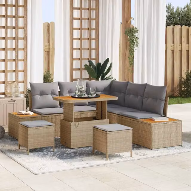 Set Divano da Giardino Moderno vidaXL in Rattan e Legno di Acacia, 8 Posti, Beige – 1