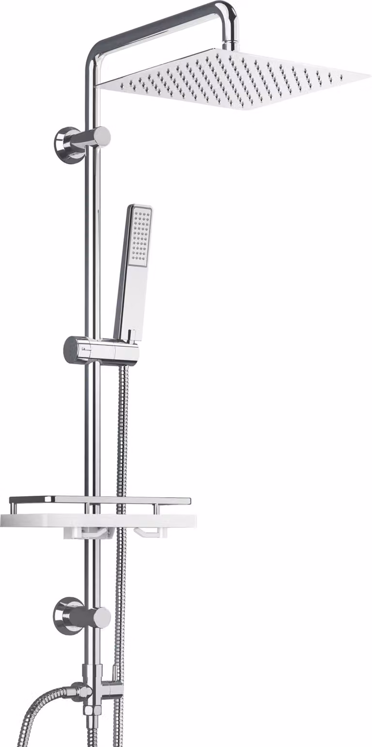 JOHO Colonna Doccia Acciaio Inox Senza Miscelatore Fori Muro Regolabili idromassaggio Asta Doccia soffione Pioggia Porta Ogetti Mensola 30x30 Quadrato