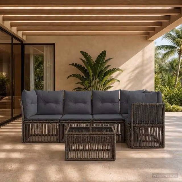 Set Divano da Giardino a L vidaXL in Polyrattan Grigio con Cuscini e Tavolino da Esterno – 1