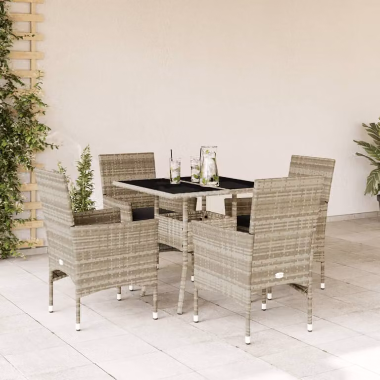 Set Pranzo da Giardino vidaXL in Polyrattan Grigio con Tavolo in Vetro e 5 Sedute con Cuscini