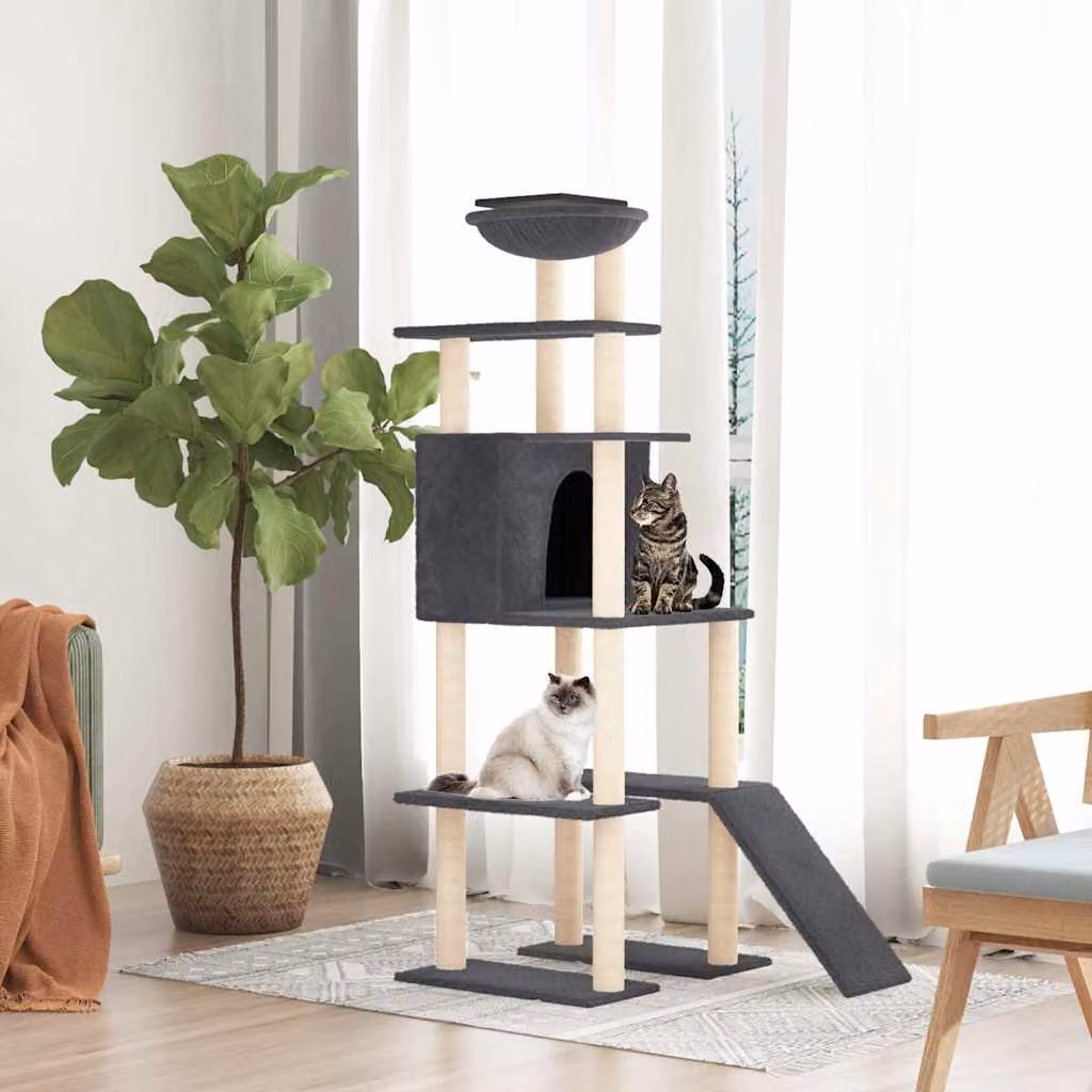 Albero per gatti vidaXL con tiragraffi in sisal, amaca e cuccia, Grigio, Altezza: 166 cm