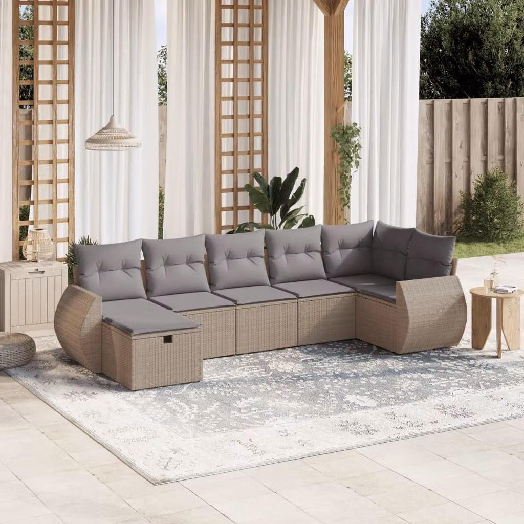 vidaXL Set Divano da Giardino a L 7 pz con Cuscini Beige e Grigio in Polyrattan e Acciaio – 1