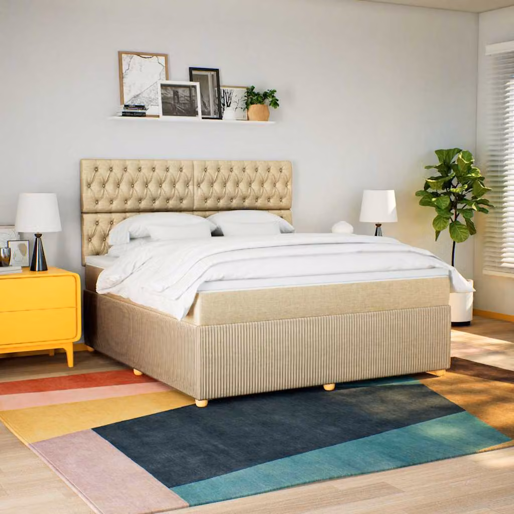 vidaXL Letto Ibrido con Materasso e Giroletto a Molle in Tessuto Beige e Bianco, L/P/H: 180 x 200 cm