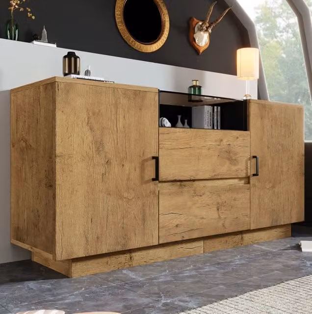 Credenza effetto rovere con 2 cassetti; 2 ante; vano aperto e vetro ESG; 140 x 40 x 70 cm