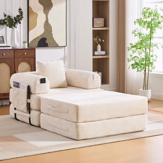 Poltrona modulare ULEVR 112x190x67 cm con pouf, cuscino e tasca laterale, velluto a coste beige