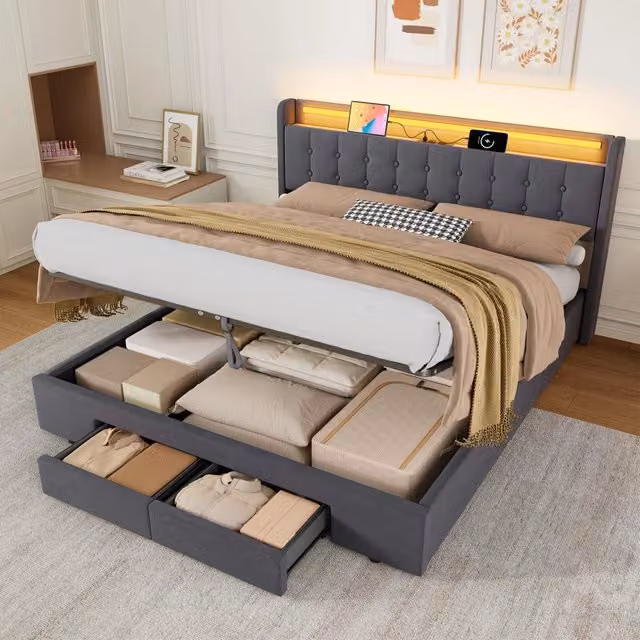 Desviae Letto imbottito matrimoniale 180 × 200 cm con contenitore, cassetti, USB e luci LED in velluto grigio scuro