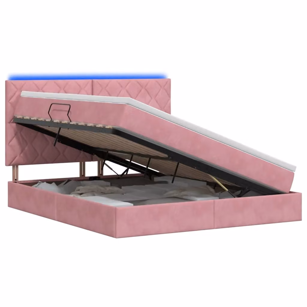 Letto con contenitore e illuminazione LED vidaXL in velluto rosa, L/P/H: 160 x 200 x 128 cm – 2