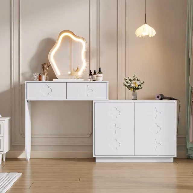 Toeletta con specchio LED dimmerabile 2 cassetti e mobile laterale regolabile bianca 160 × 40 × 132 cm